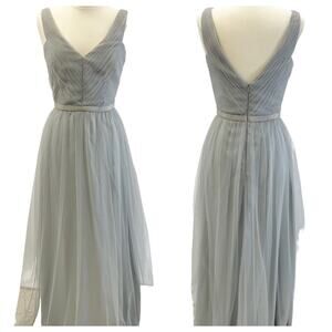 Monique Lhuillier Bridesmaid Womens‎ 12 Tulle Petra Pleated Sleeveless Gray Maxi